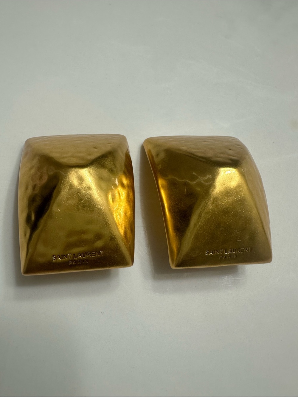 🌟 Saint Laurent Gold Sculpted Pyramid Clip-On Earrings
